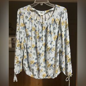 Lucky Brand Blouse Top Size L Blue Bohemian Floral Sunflower Peasant Lightweight